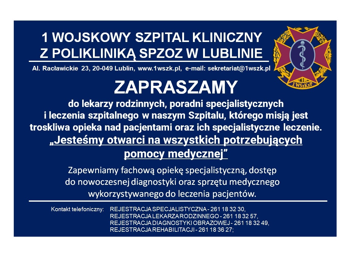 Ogłoszenie 1 Wojskowego Szpitala Klinicznego z Polikliniką SPZOZ w Lublinie
