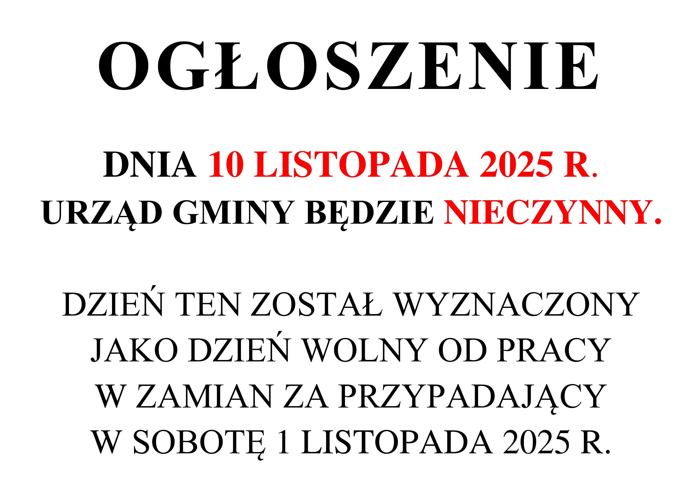 W dniu 10 listopada Urząd Gminy będzie nieczynny