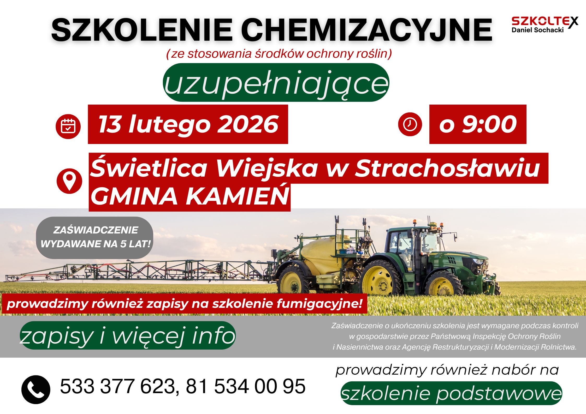 Szkolenie z zakresu stosowania środków ochrony roślin (szkolenie chemizacyjne uzupełniające) dla mieszkańców gminy Kamień. Szkolenie to jest obowiązkowe dla osób, które stosują środki ochrony roślin