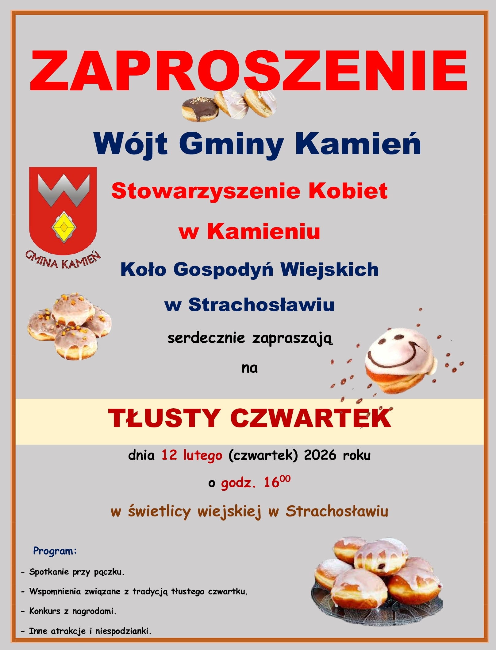 Zaproszenie na „Tłusty Czwartek” – 12 lutego (czwartek) w świetlicy wiejskiej w Strachosławiu