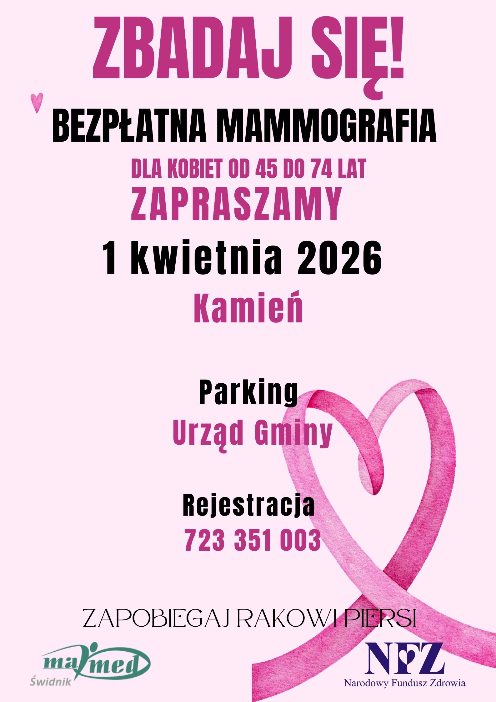 Mammografii dla kobiet w wieku 45-74 LAT  – 1 kwietnia, parking przy urzędzie gminy