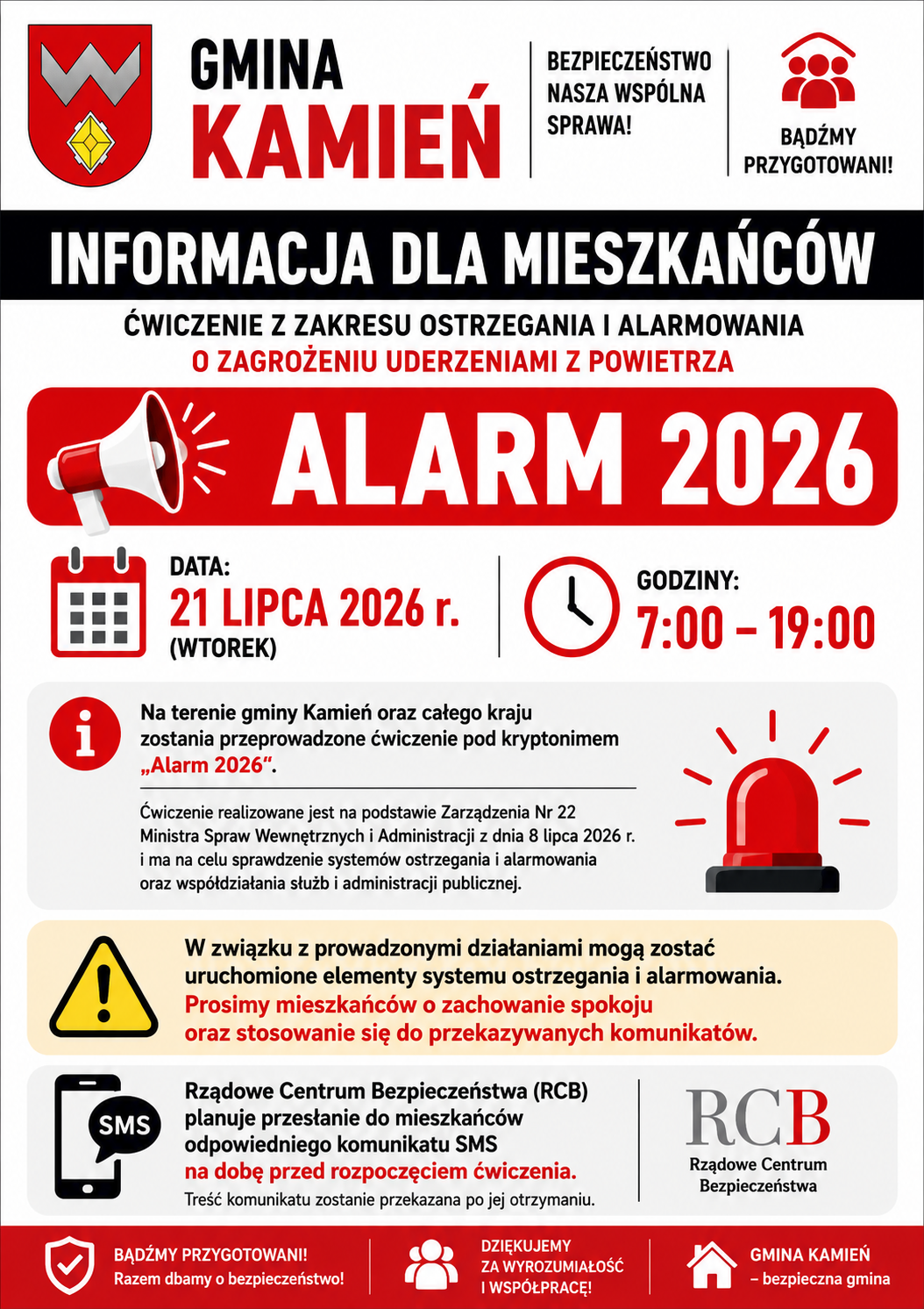 Ćwiczenia z zakresu ostrzegania i alarmowania – 21 lipca w godz. 7:00-19:00