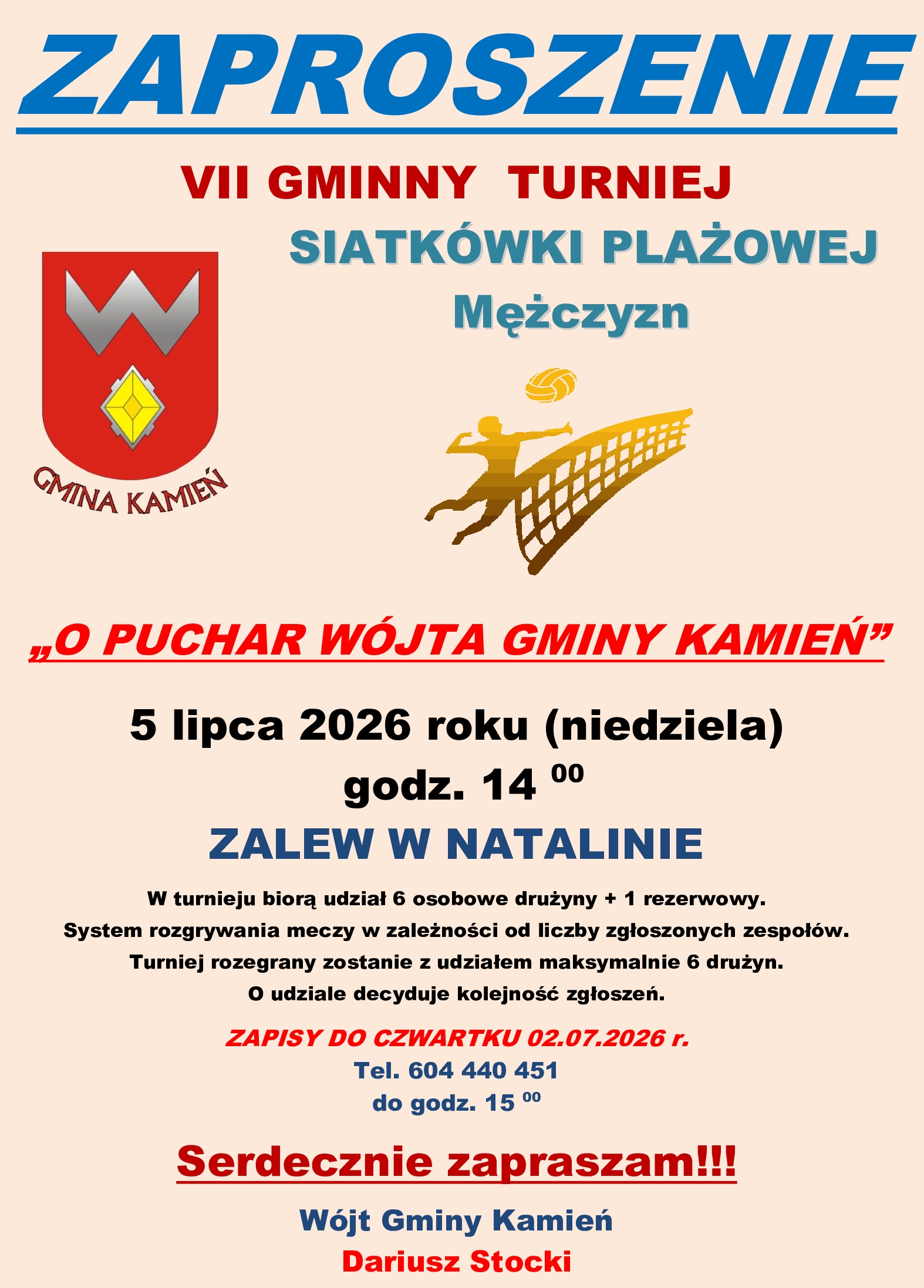 VII Gminny Turniej Siatkówki Plażowej Mężczyzn – 5 lipca godz. 14.00 zalew w Natalinie