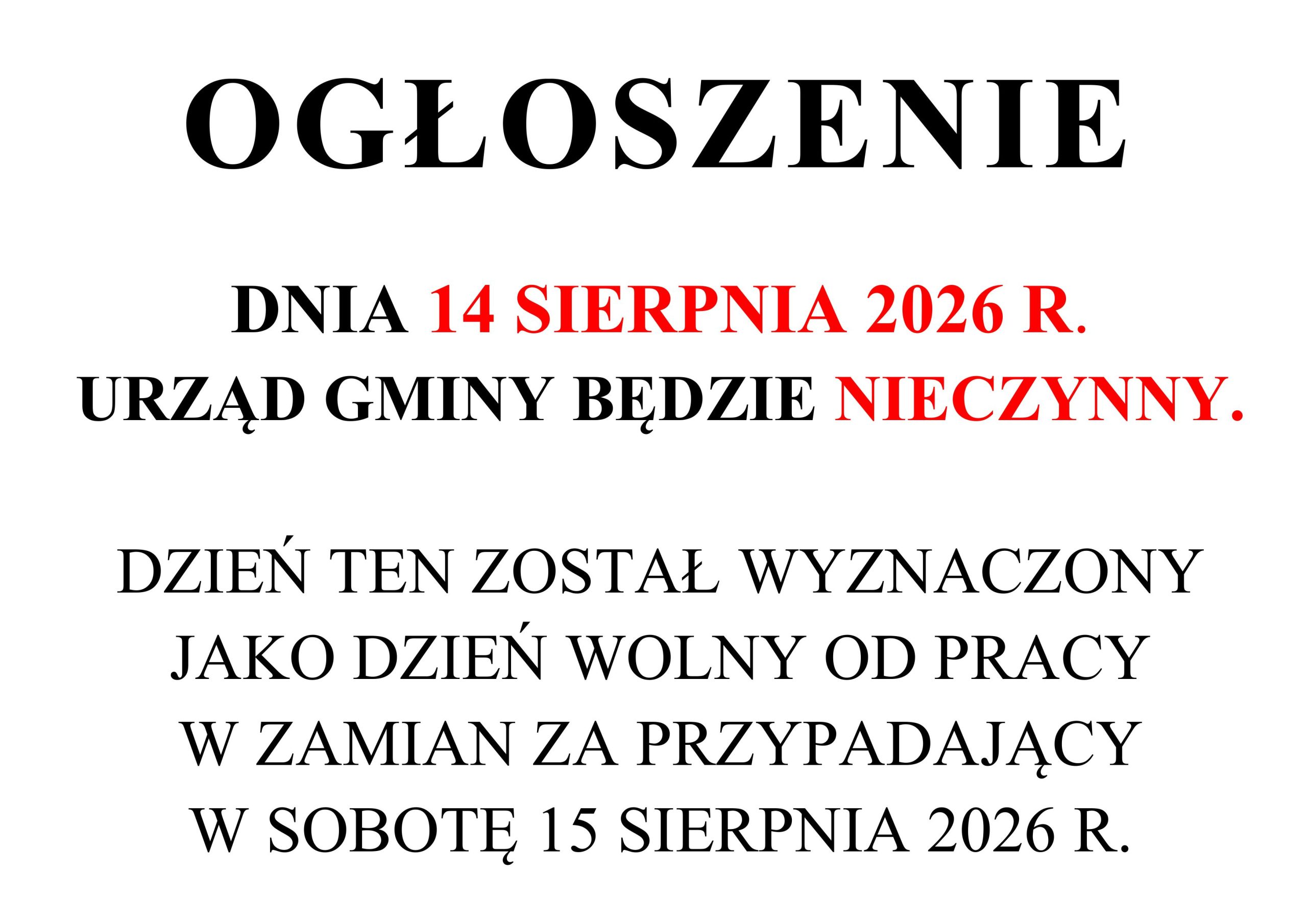 W dniu 14 sierpnia Urząd Gminy będzie nieczynny