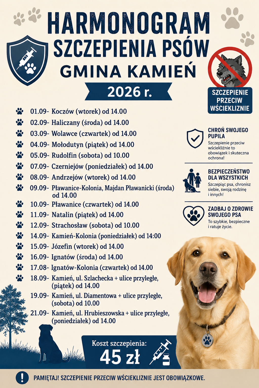 Harmonogram szczepień przeciwko wściekliźnie w gminie Kamień w 2026 r.