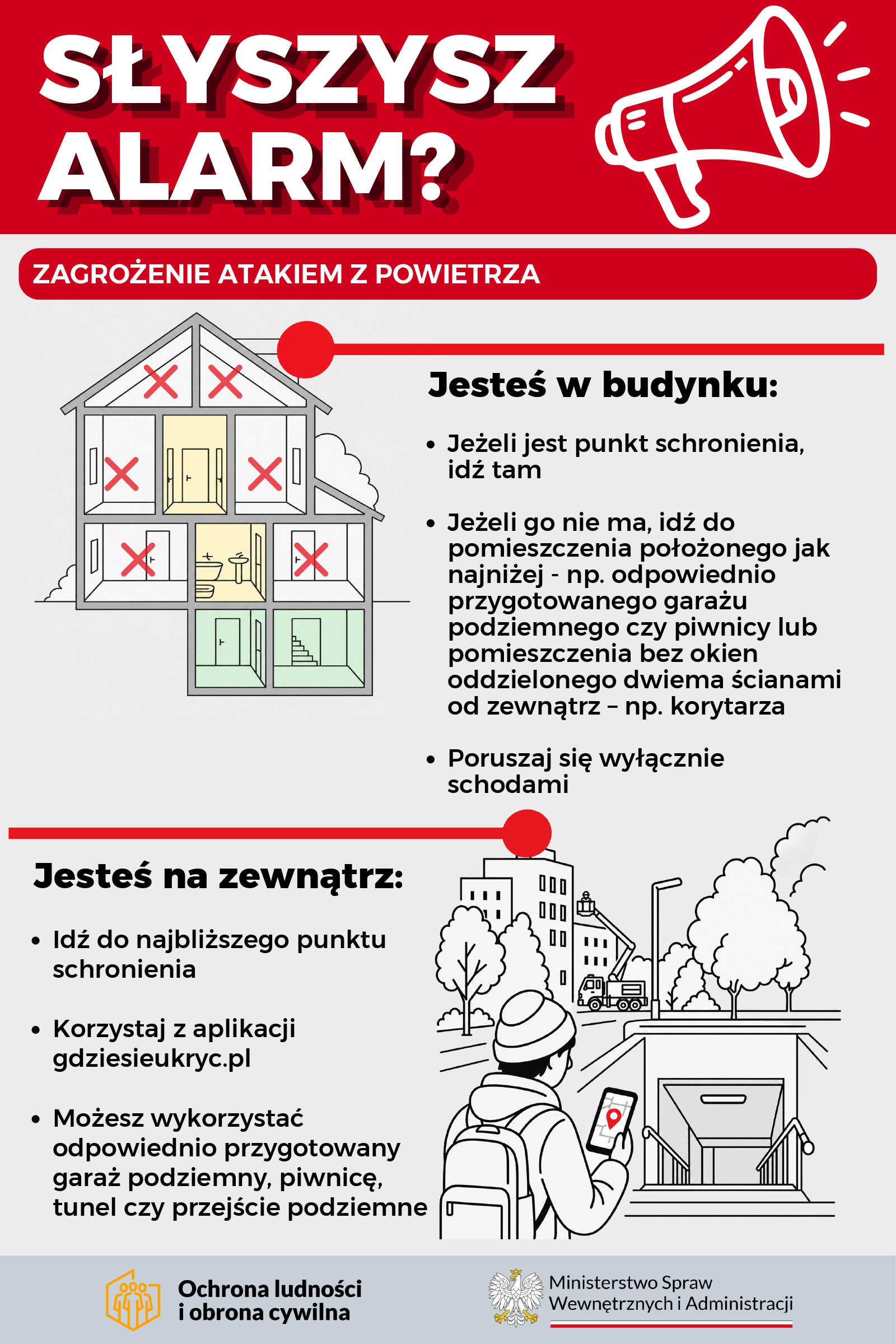 Co zrobić po otrzymaniu alertu RCB lub usłyszeniu syreny alarmowej?