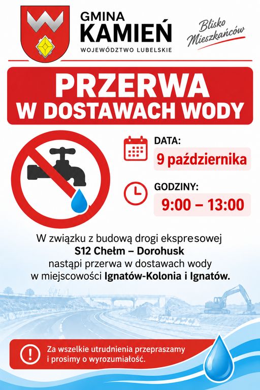 Przerwa w dostawie wody w msc. Ignatów-Kolonia i Ignatów w dn. 9 października od godz. 9.00 do 13.00